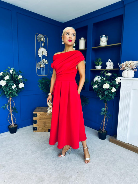 Breffy Asymmetric Neckline Skater Midi Red PRE ORDER Arriving Oct 3