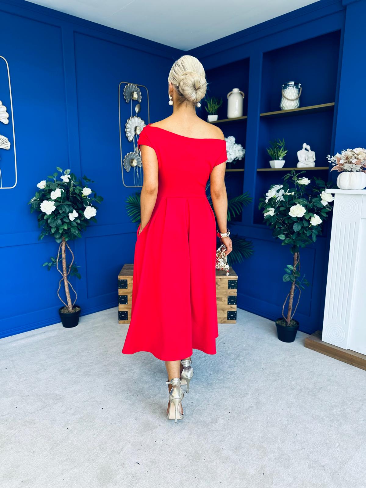 Breffy Asymmetric Neckline Skater Midi Red PRE ORDER Arriving Oct 3