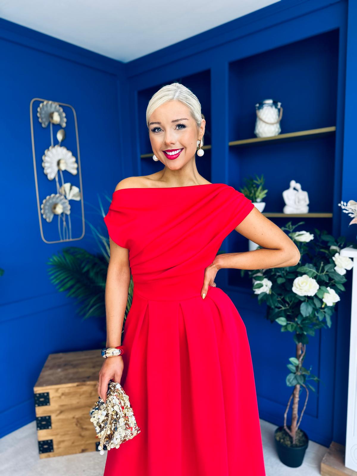 Breffy Asymmetric Neckline Skater Midi Red PRE ORDER Arriving Oct 3