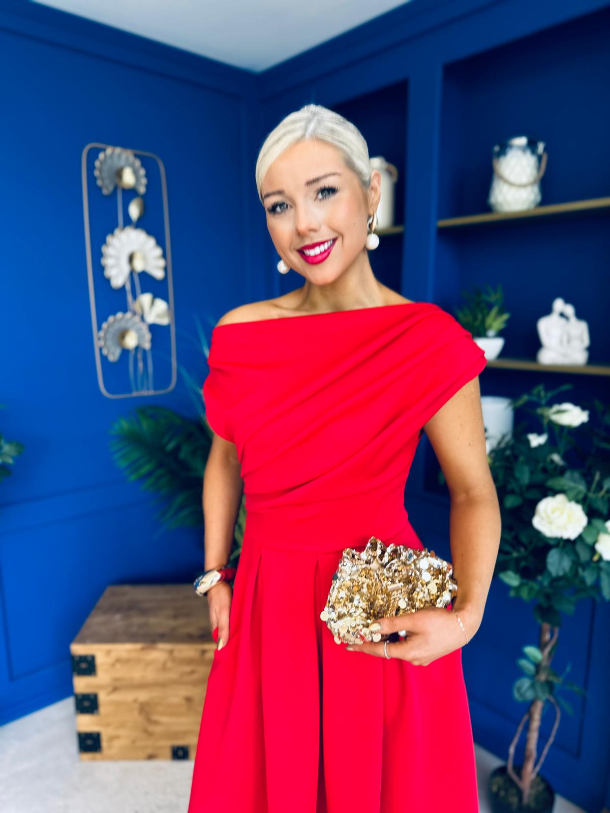 Breffy Asymmetric Neckline Skater Midi Red PRE ORDER Arriving Oct 3