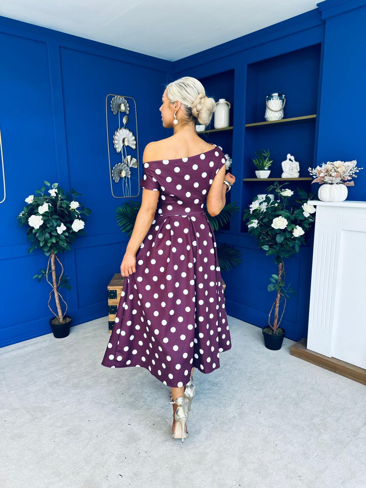 Breffy Asymmetric Neckline Skater Midi Burgundy Polka