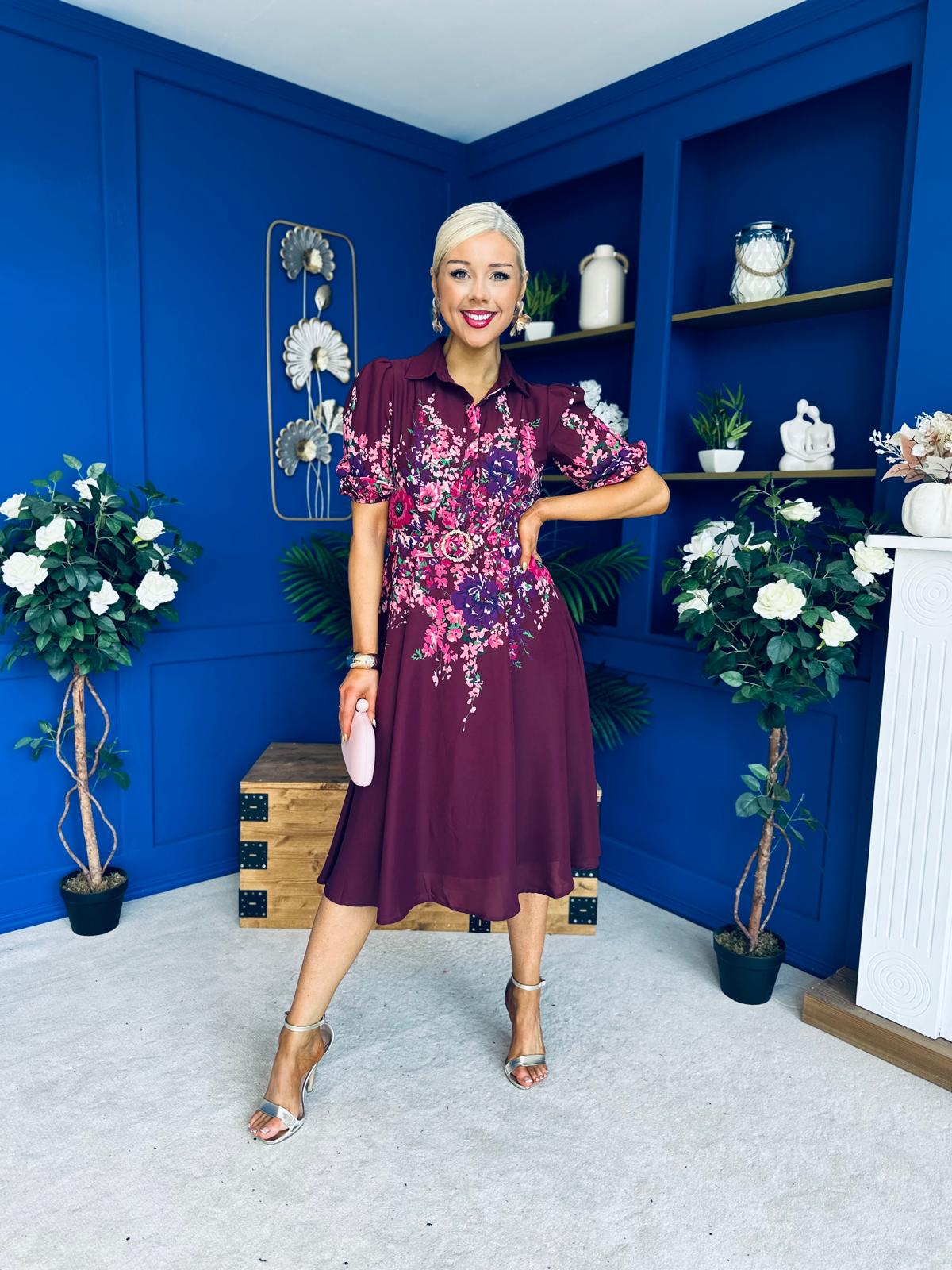Carmen Floral Print Midi Dress Burgundy