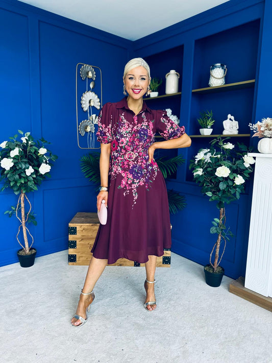 Carmen Floral Print Midi Dress Burgundy