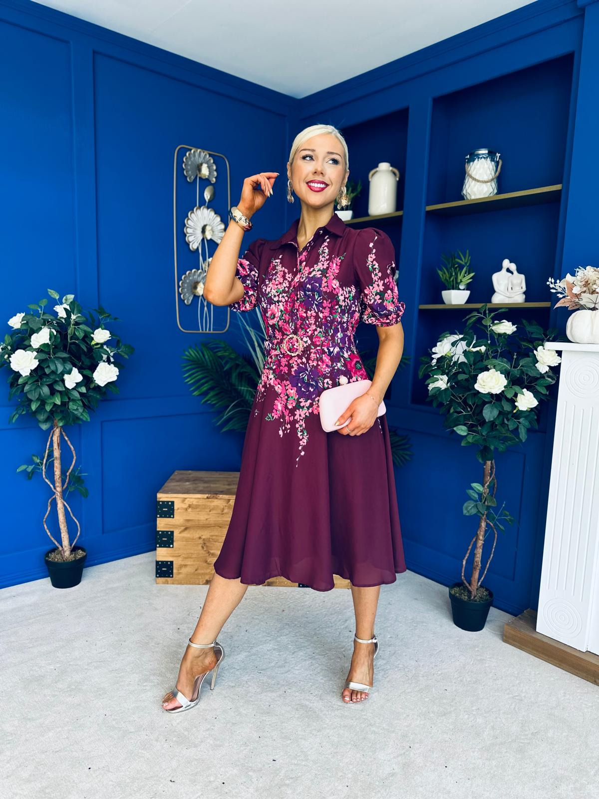 Carmen Floral Print Midi Dress Burgundy