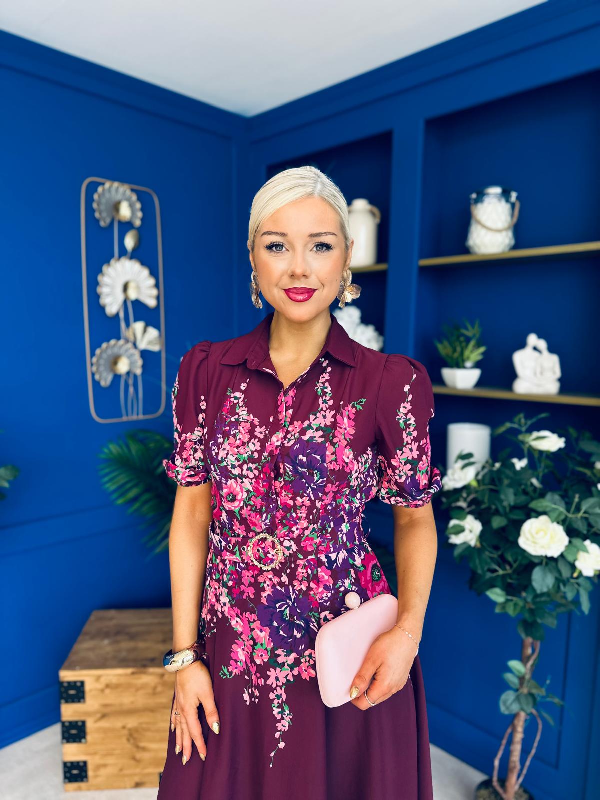 Carmen Floral Print Midi Dress Burgundy