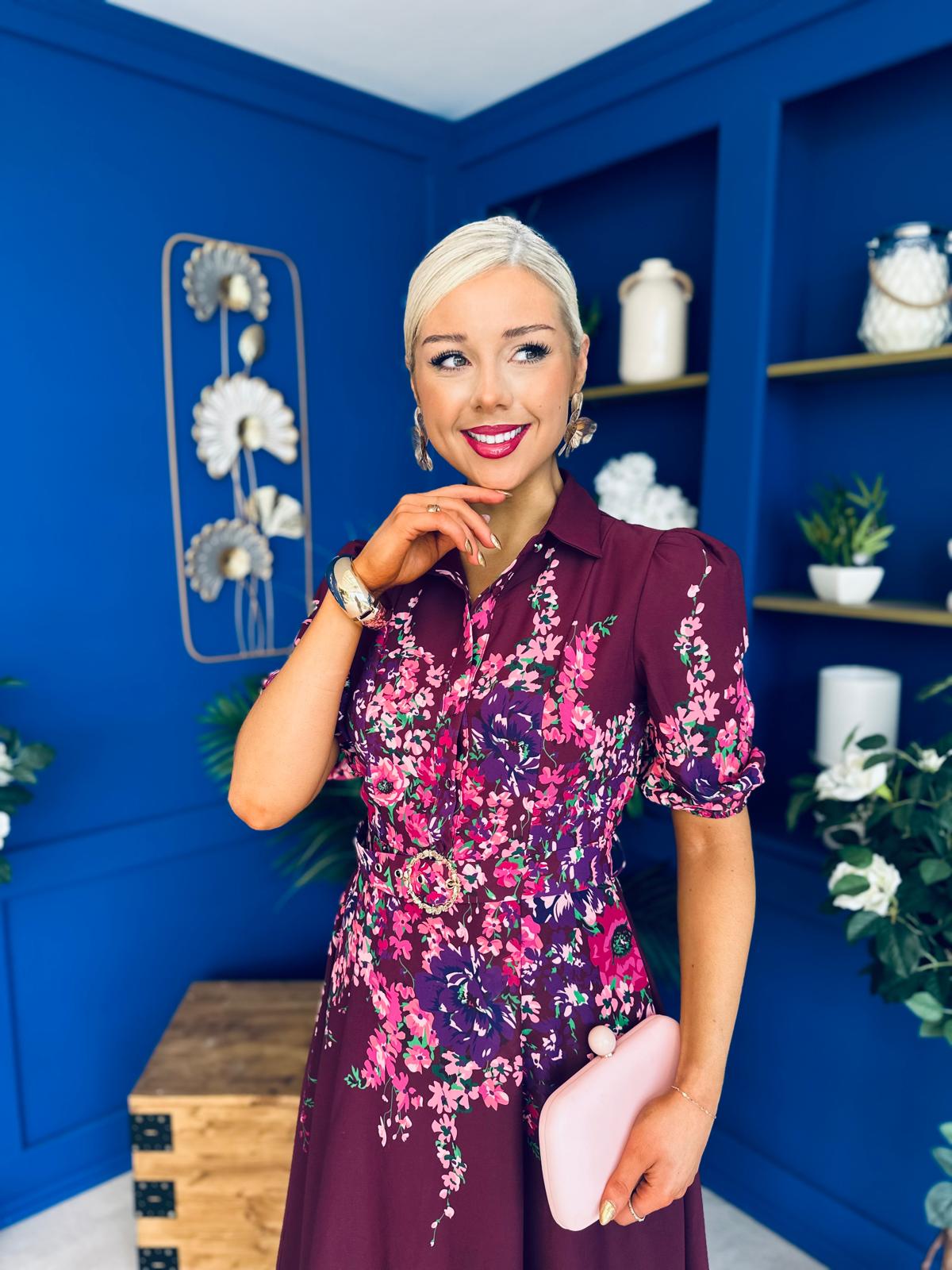 Carmen Floral Print Midi Dress Burgundy