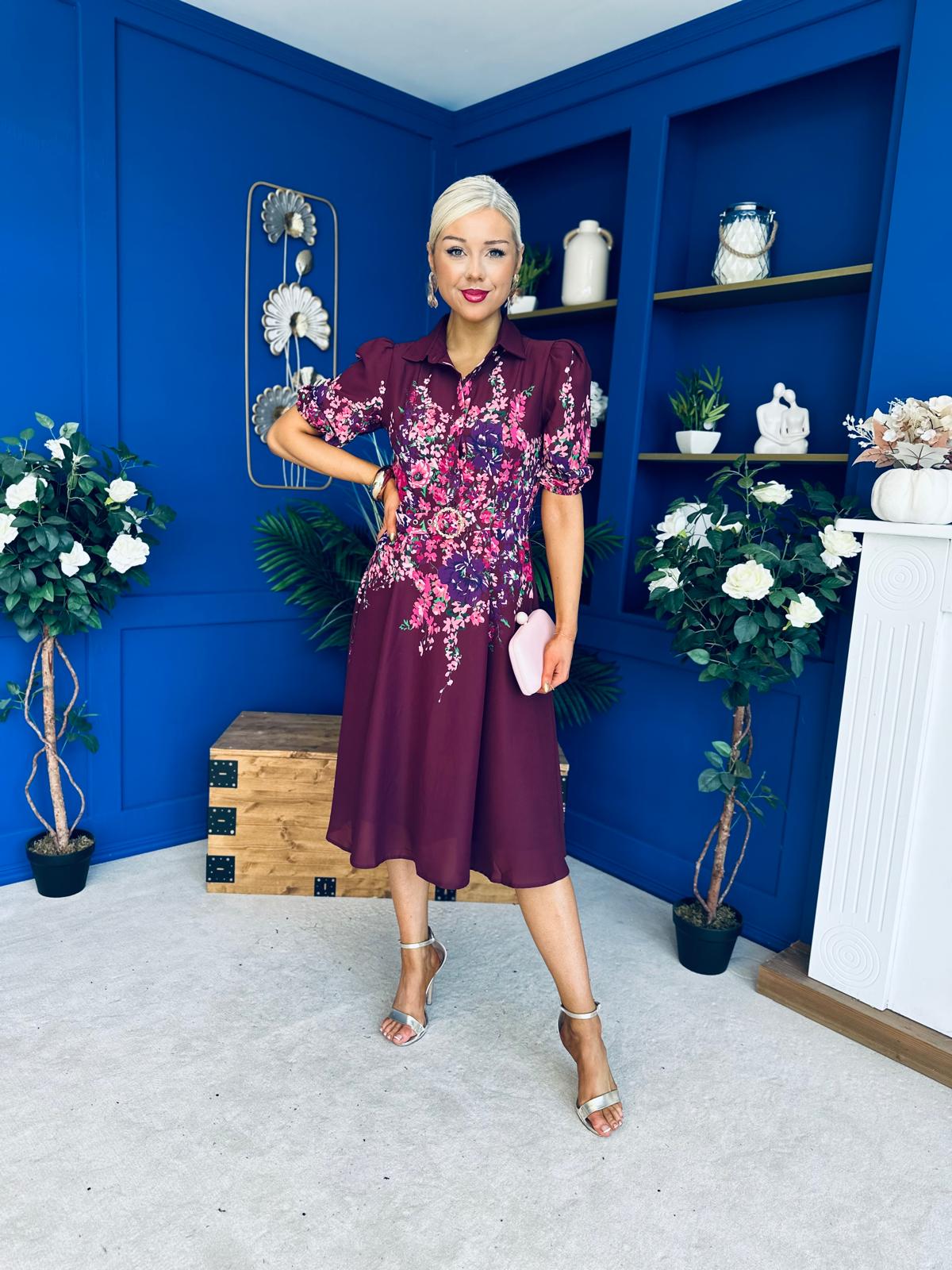 Carmen Floral Print Midi Dress Burgundy