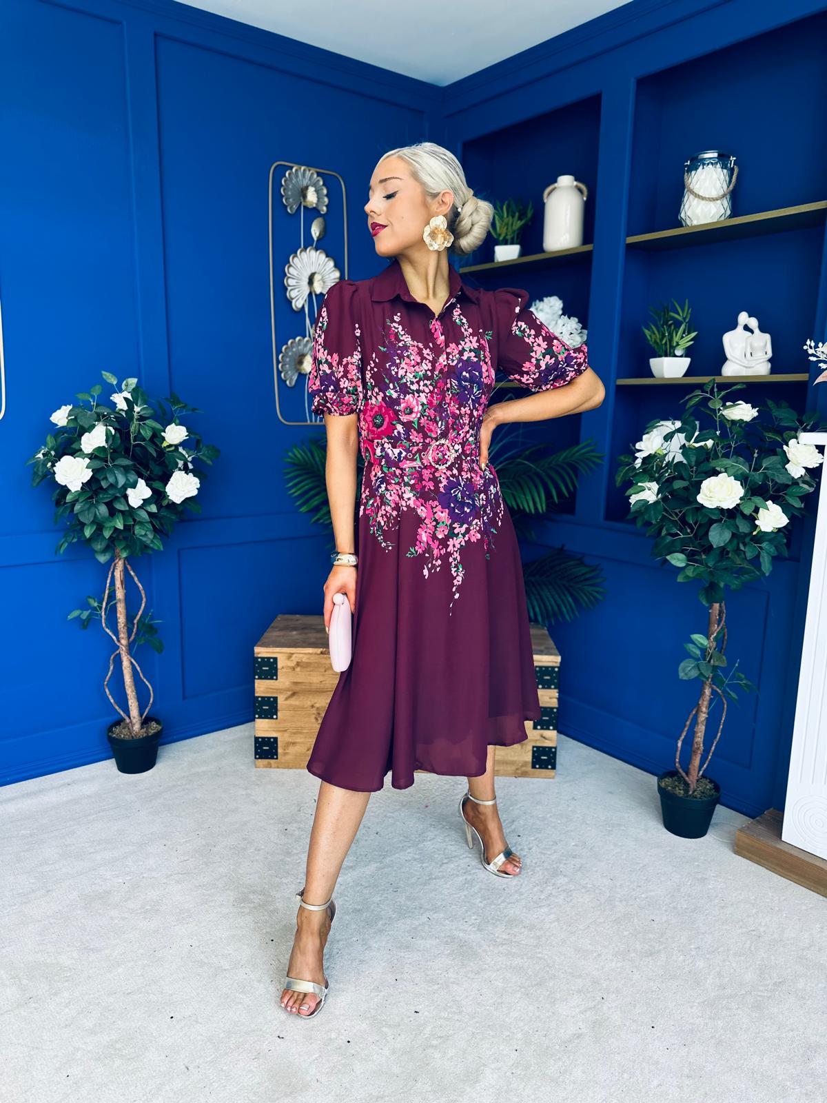 Carmen Floral Print Midi Dress Burgundy