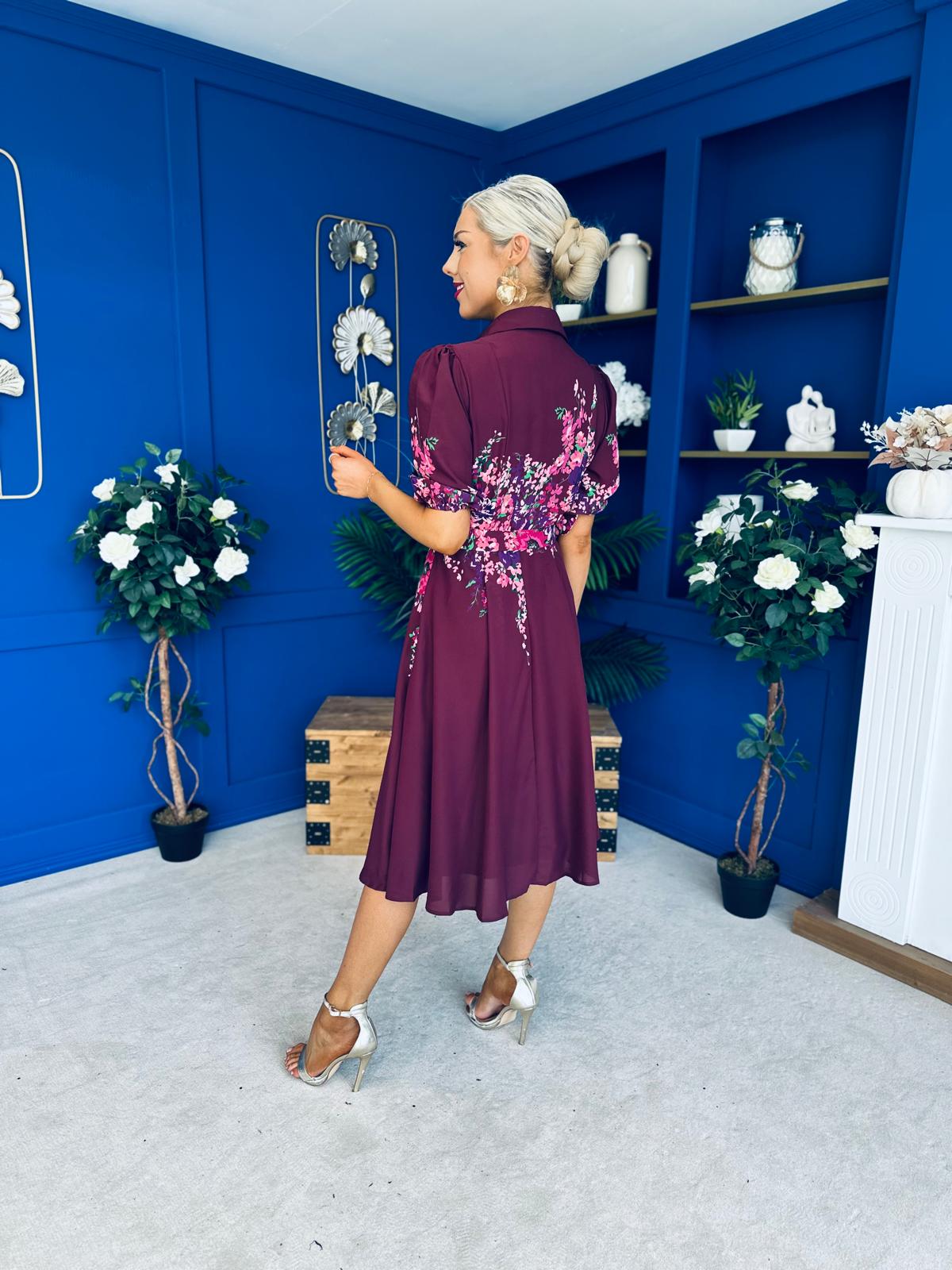 Carmen Floral Print Midi Dress Burgundy
