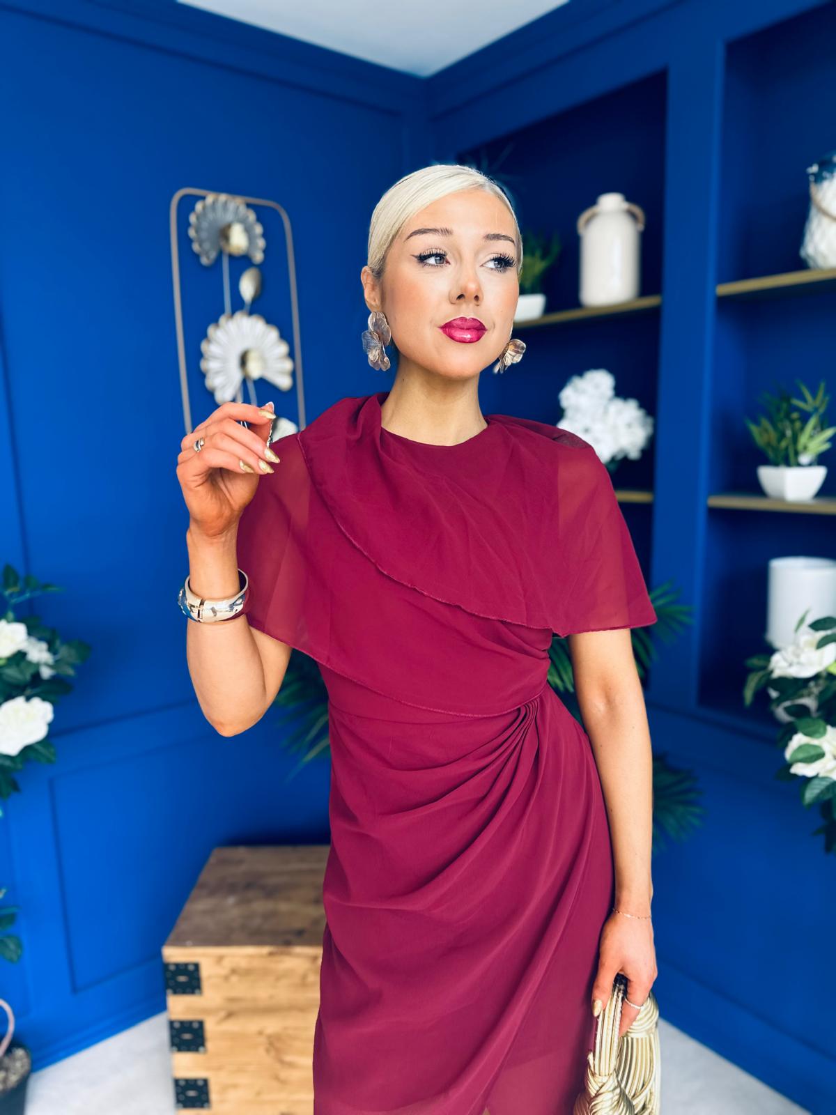 Vivienne Cape Detail Wrap Skirt Midi Dress Wine