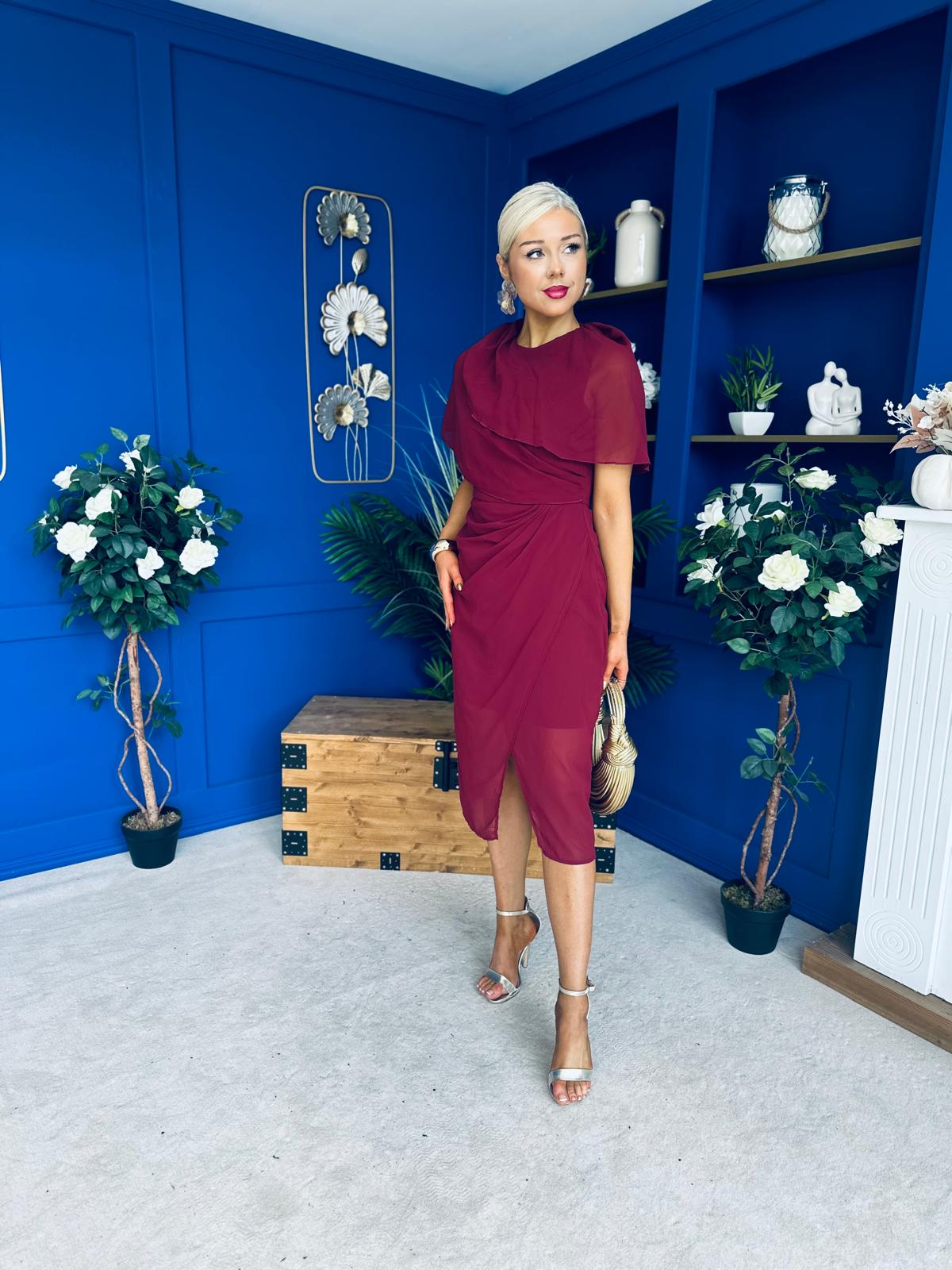 Vivienne Cape Detail Wrap Skirt Midi Dress Wine