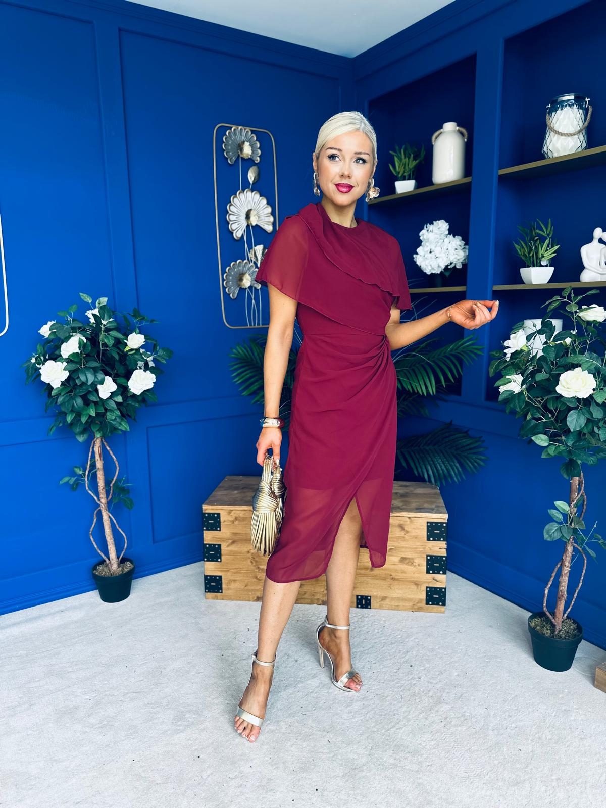 Vivienne Cape Detail Wrap Skirt Midi Dress Wine