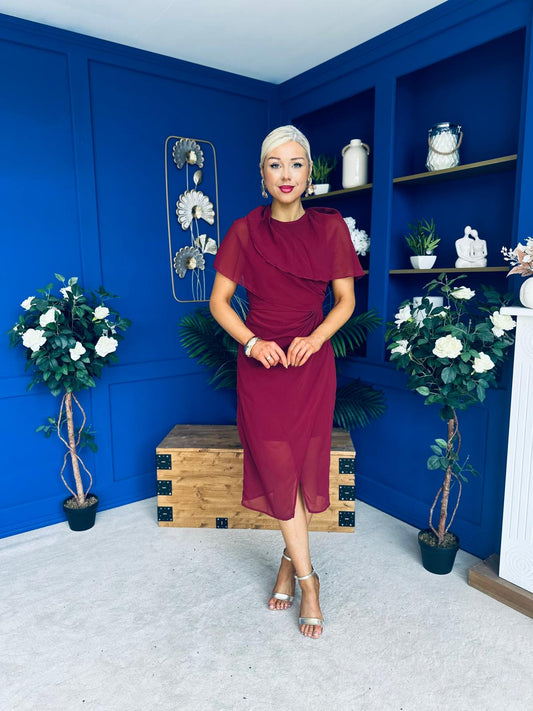 Vivienne Cape Detail Wrap Skirt Midi Dress Wine