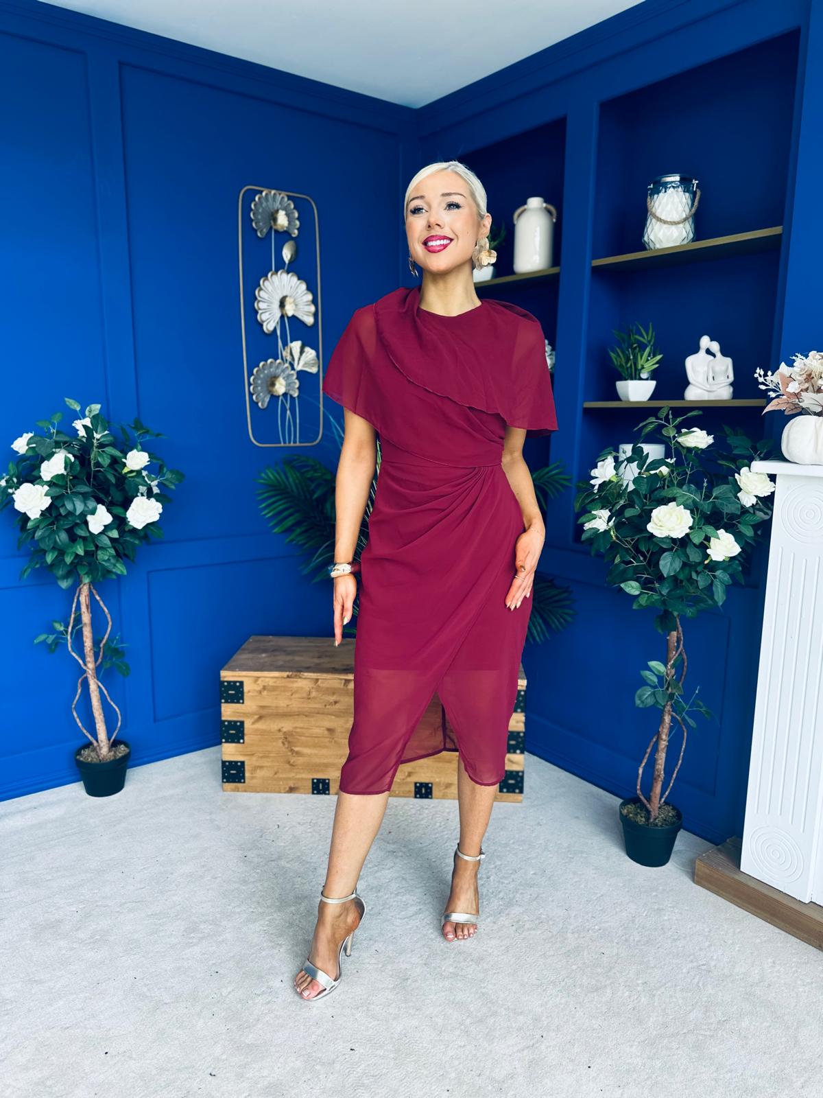 Vivienne Cape Detail Wrap Skirt Midi Dress Wine
