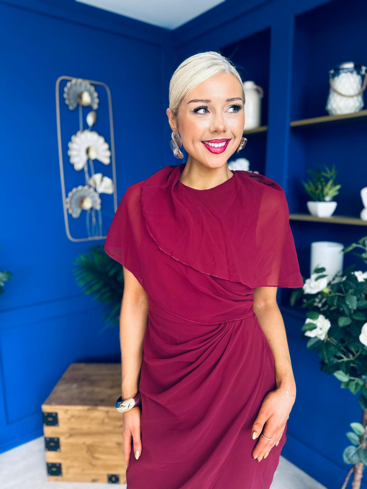 Vivienne Cape Detail Wrap Skirt Midi Dress Wine