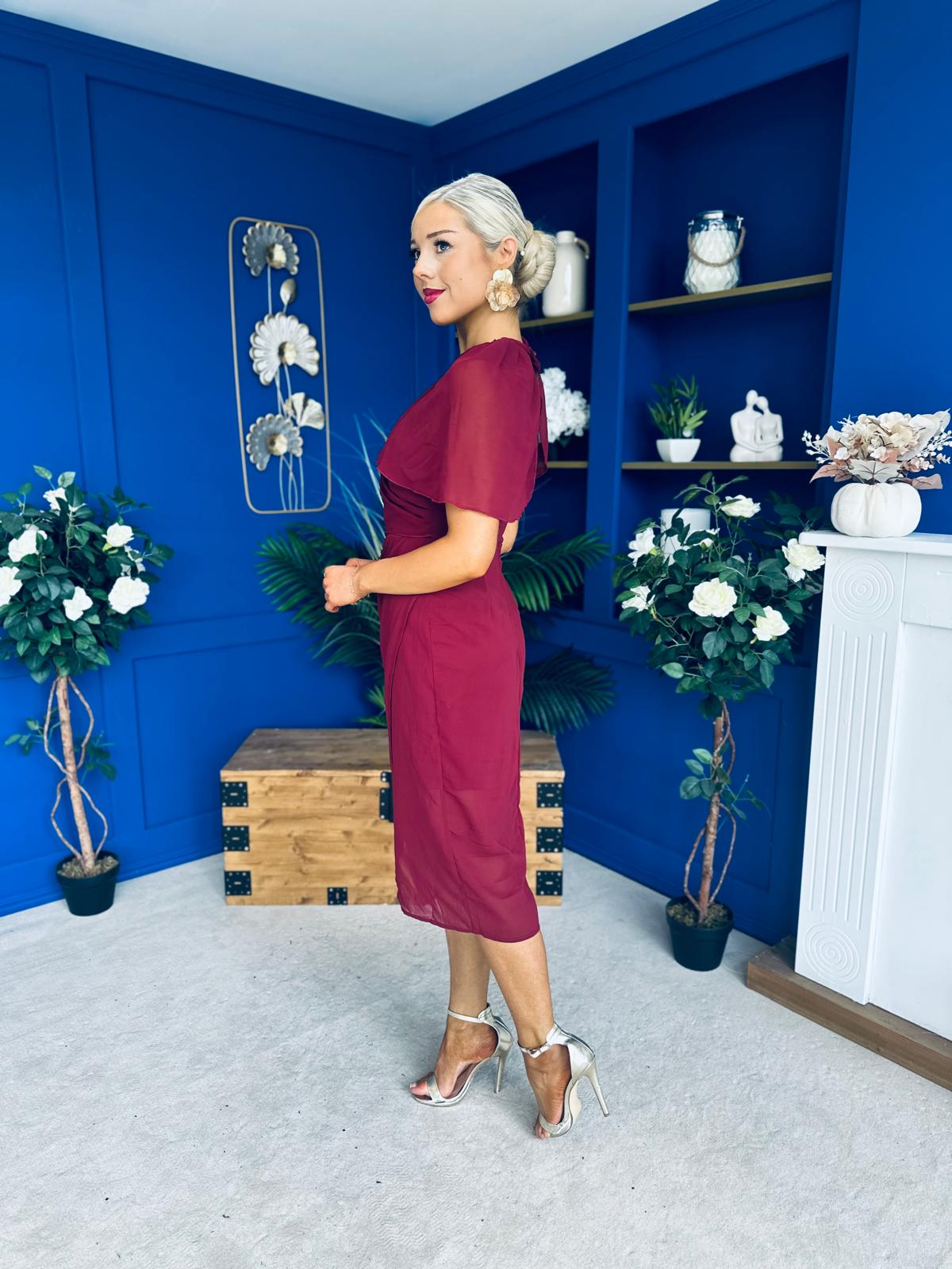 Vivienne Cape Detail Wrap Skirt Midi Dress Wine