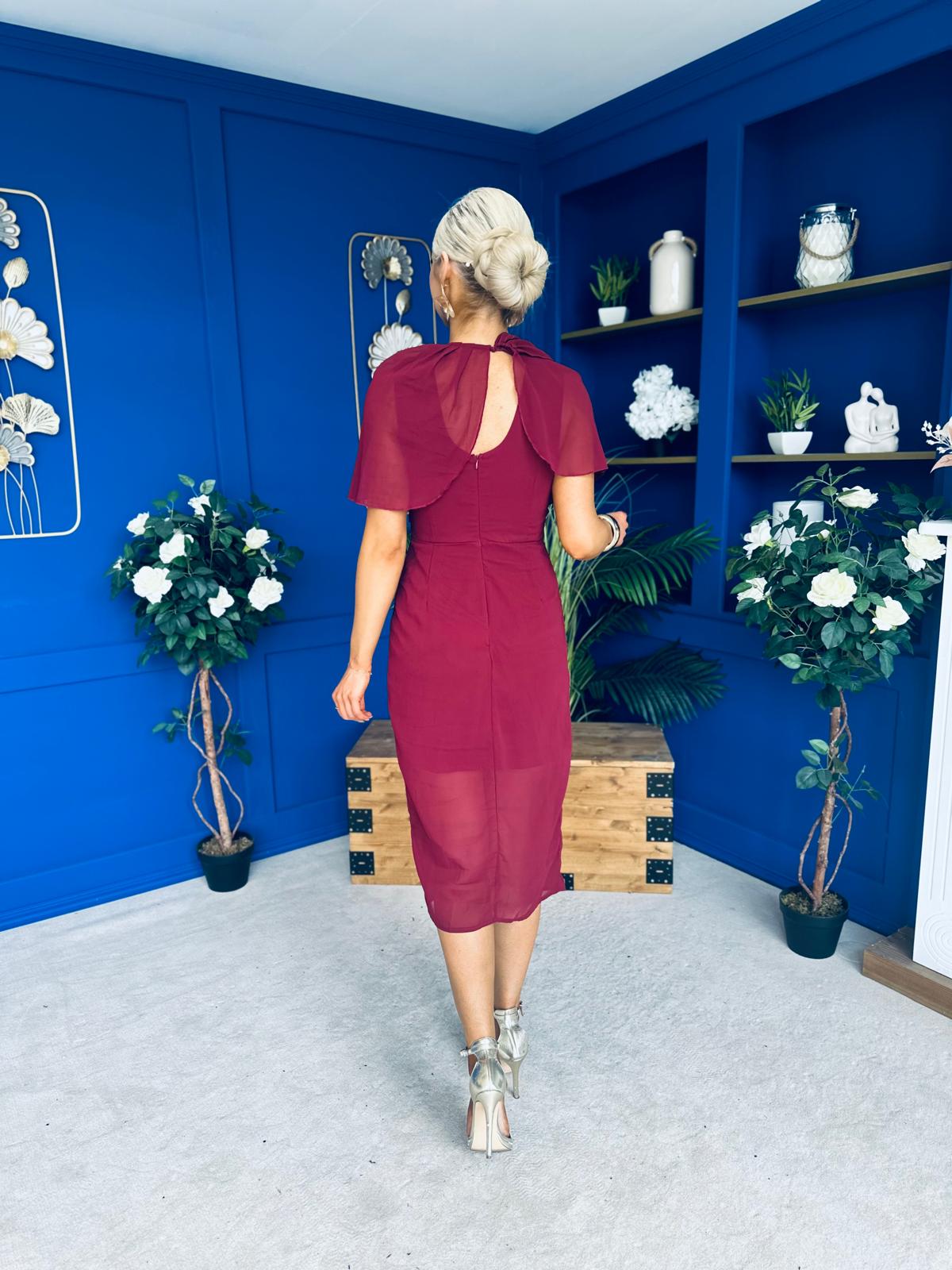 Vivienne Cape Detail Wrap Skirt Midi Dress Wine