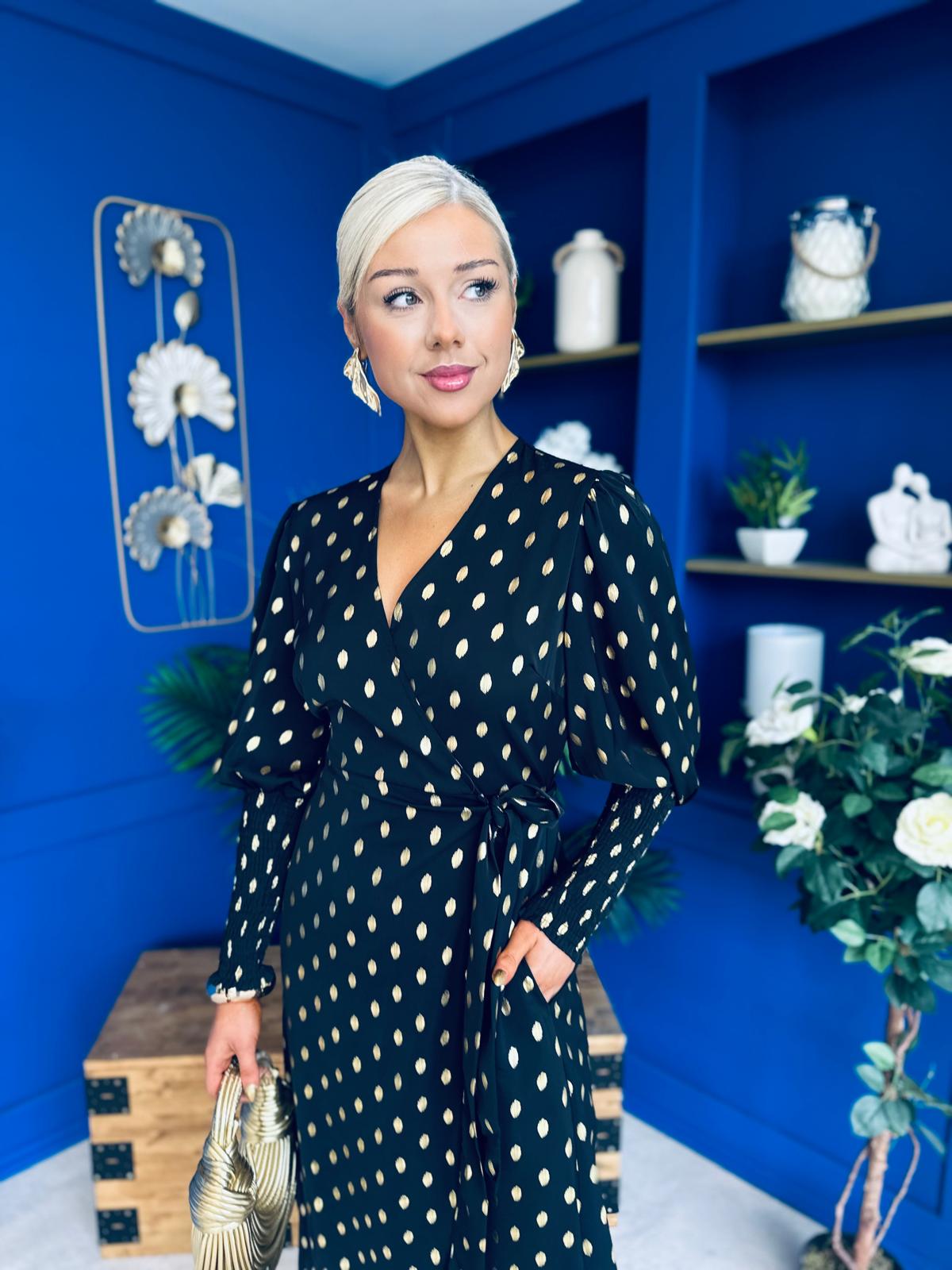 Devina Shirred Cuff Wrap Dress In Gold Foil Black