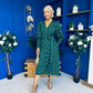 Devina Shirred Cuff Wrap Dress In Gold Foil Green