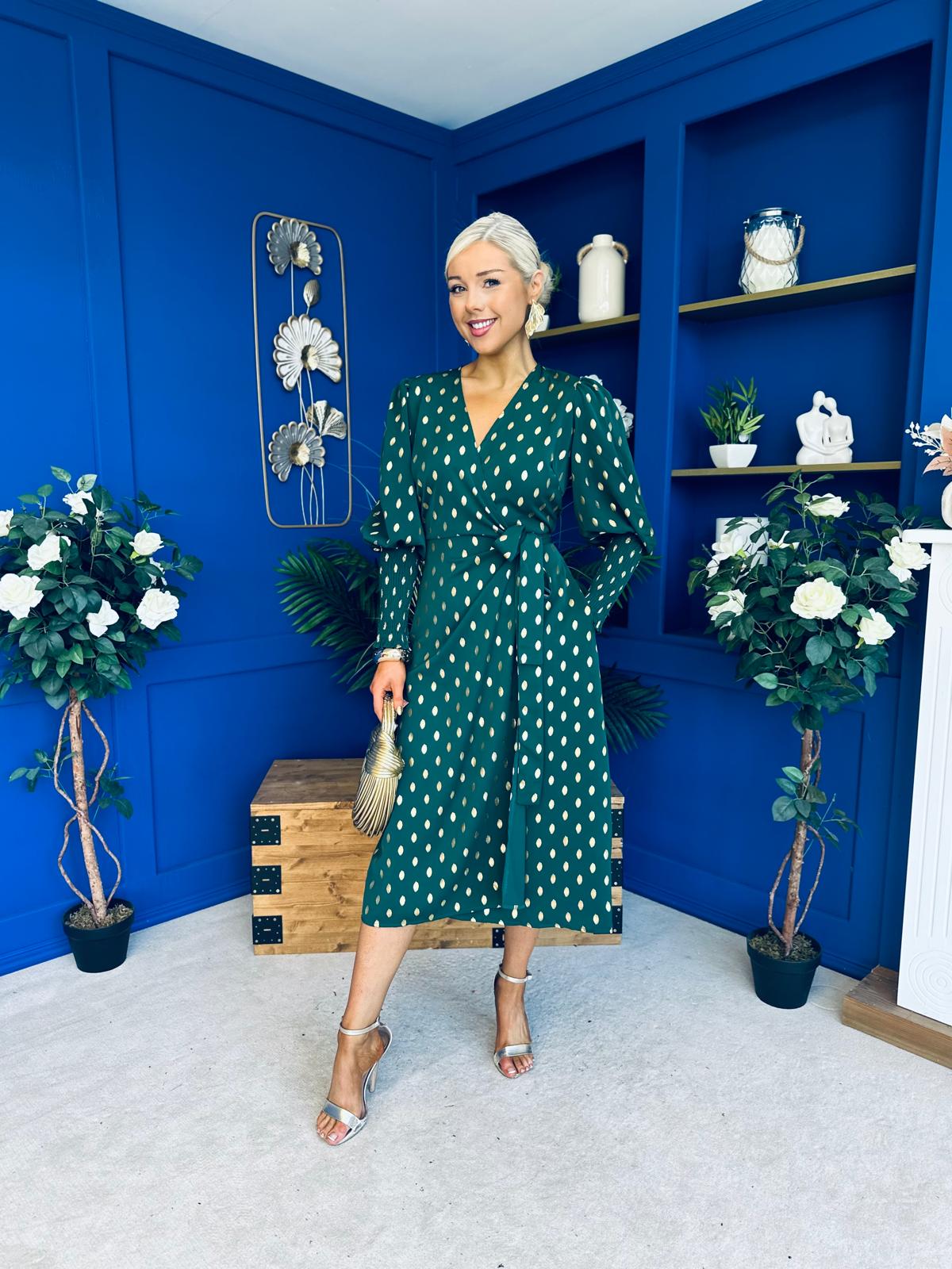 Devina Shirred Cuff Wrap Dress In Gold Foil Green