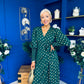 Devina Shirred Cuff Wrap Dress In Gold Foil Green