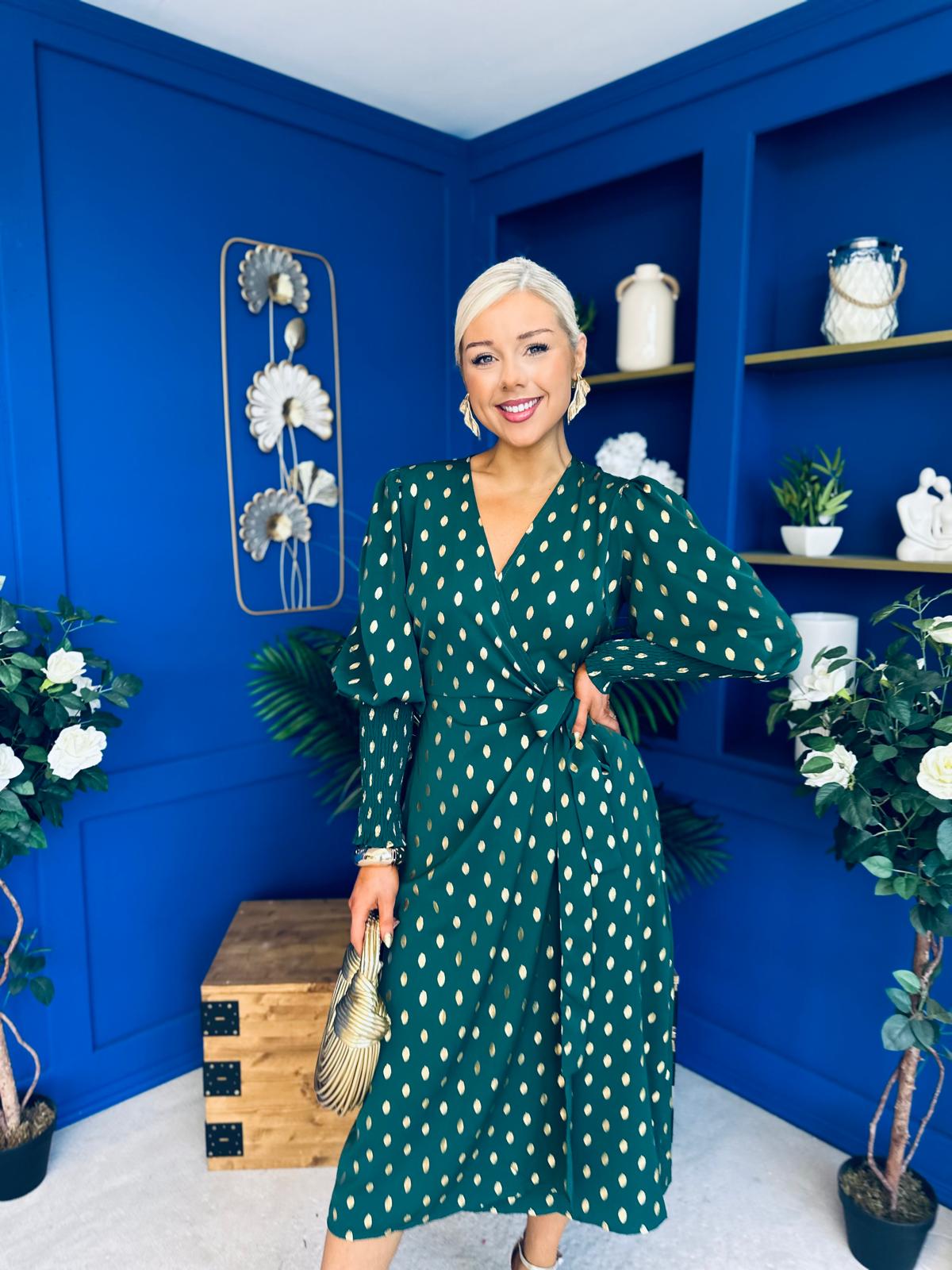 Devina Shirred Cuff Wrap Dress In Gold Foil Green