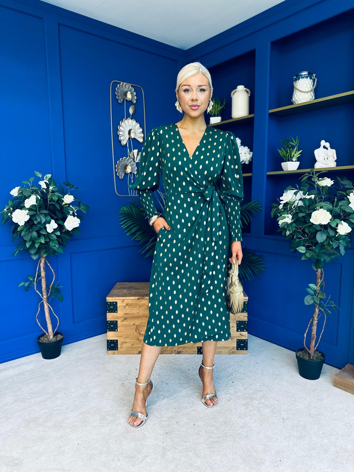 Devina Shirred Cuff Wrap Dress In Gold Foil Green