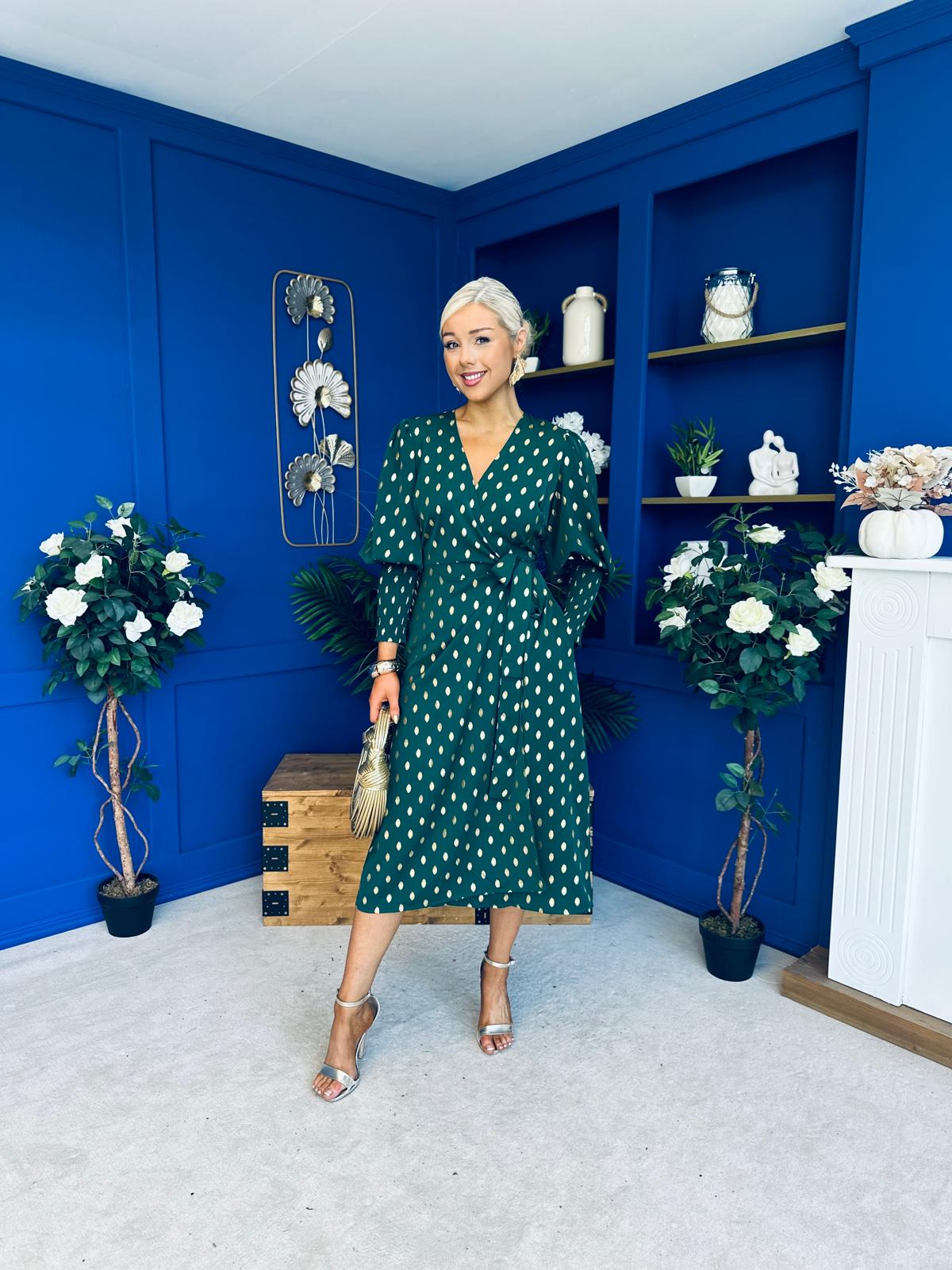 Devina Shirred Cuff Wrap Dress In Gold Foil Green