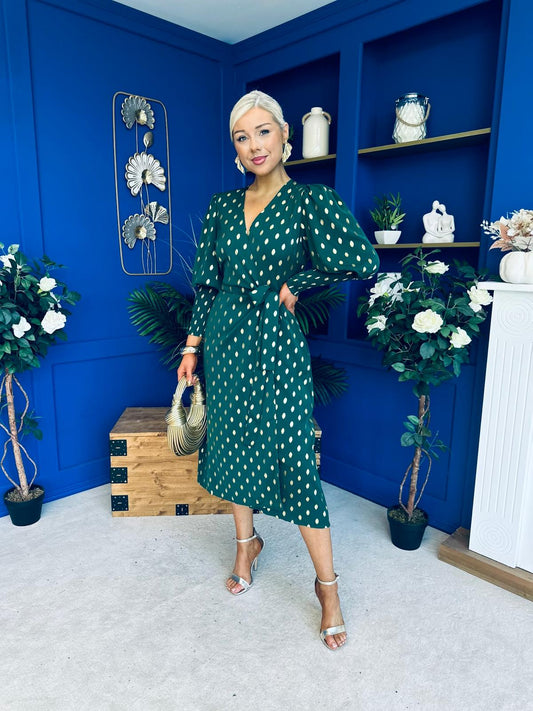 Devina Shirred Cuff Wrap Dress In Gold Foil Green