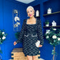 Amaranta Square Neck Beaded Mini Dress Black Tweed