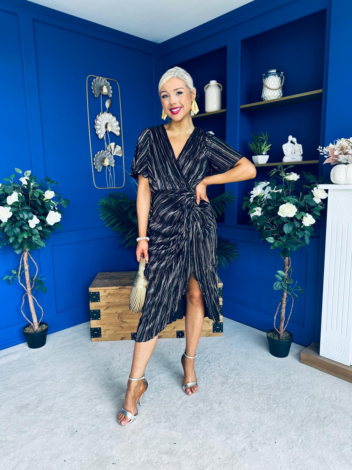 Isla Plisse Wrap Front Midi Dress Gold & Black
