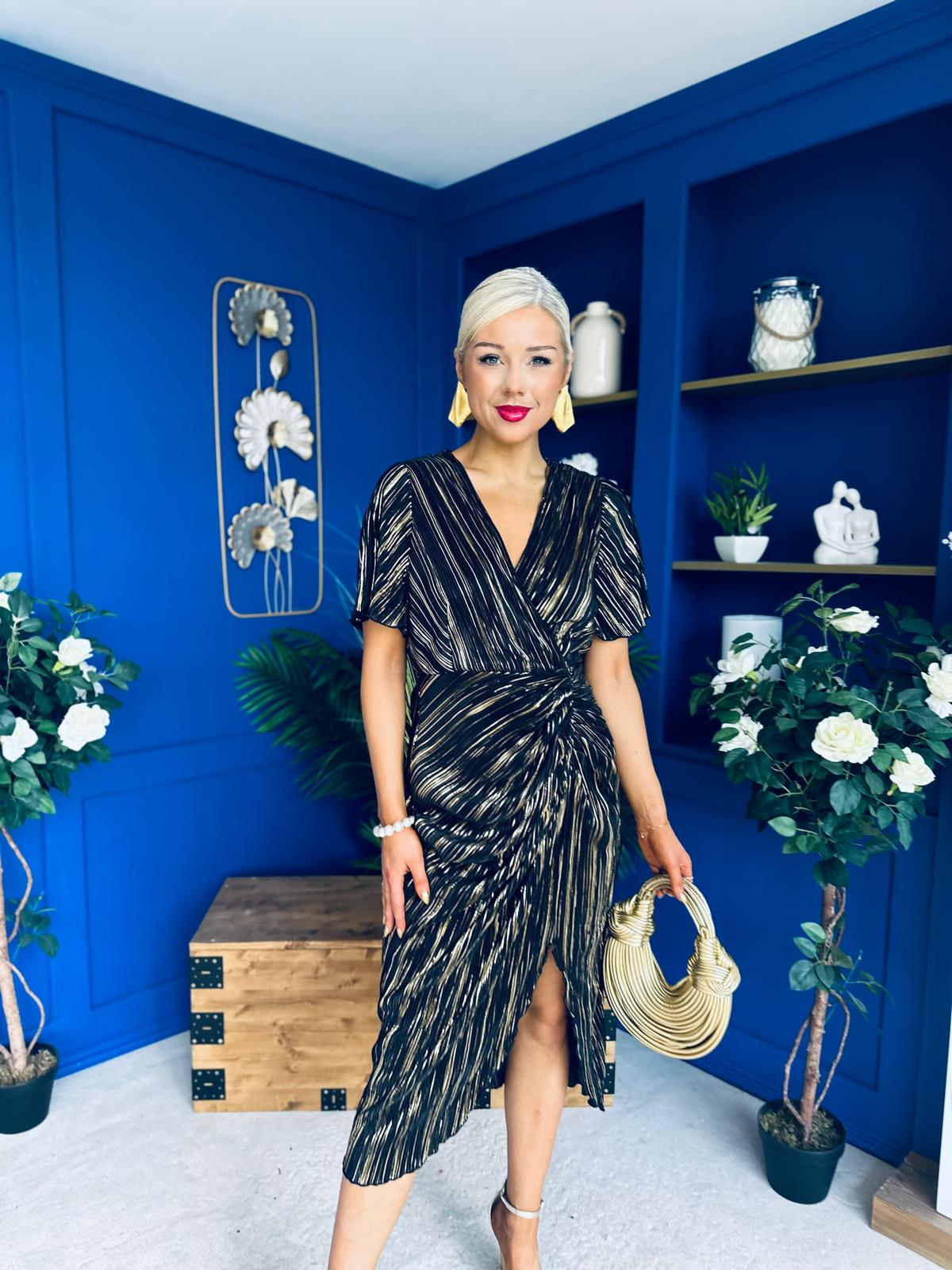 Isla Plisse Wrap Front Midi Dress Gold & Black