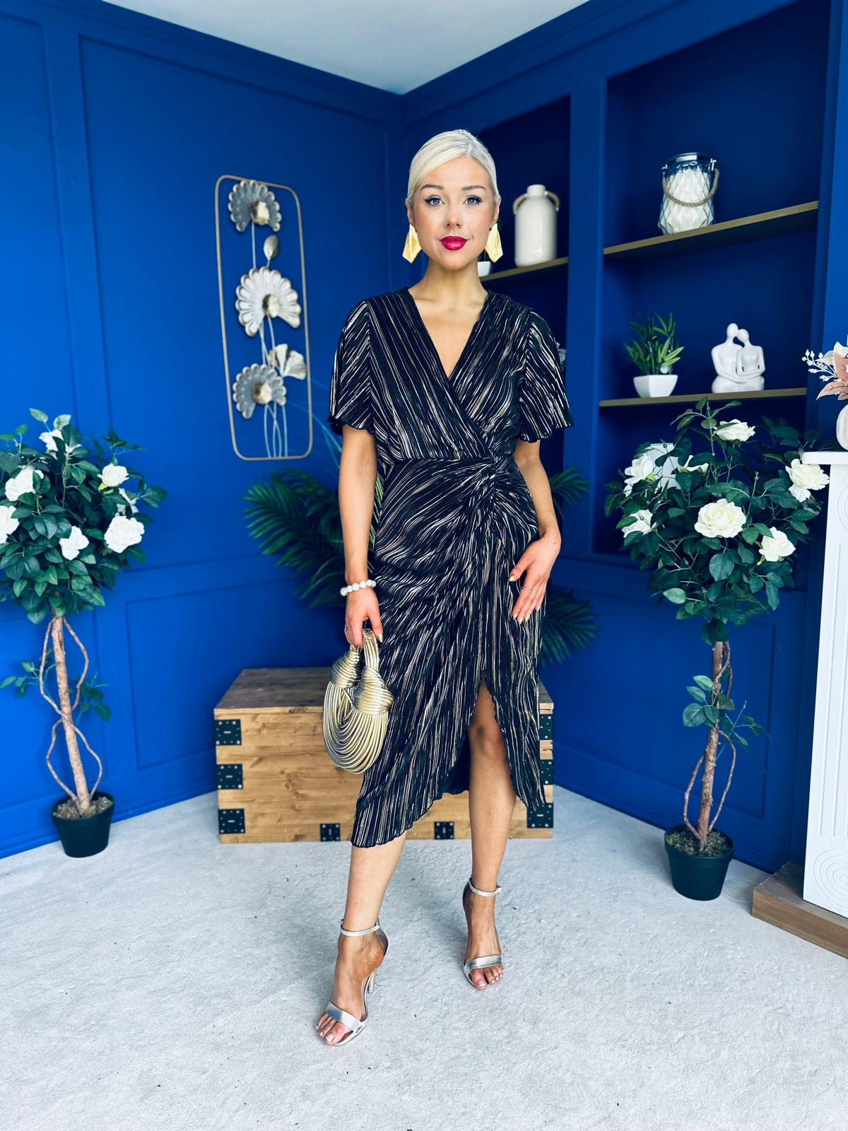 Isla Plisse Wrap Front Midi Dress Gold & Black