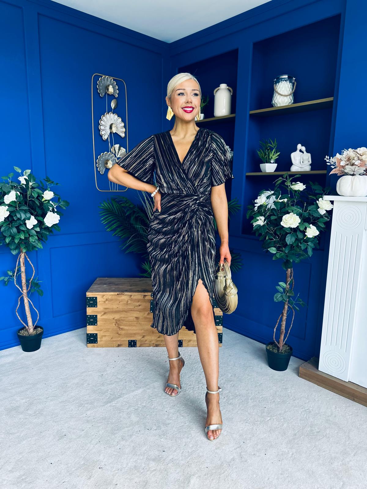 Isla Plisse Wrap Front Midi Dress Gold & Black