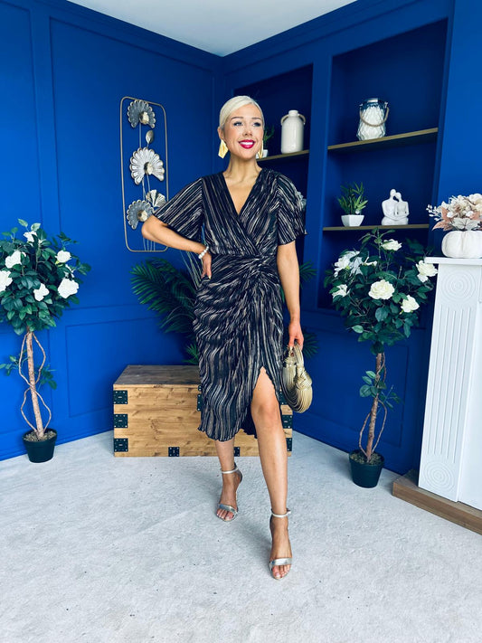 Isla Plisse Wrap Front Midi Dress Gold & Black