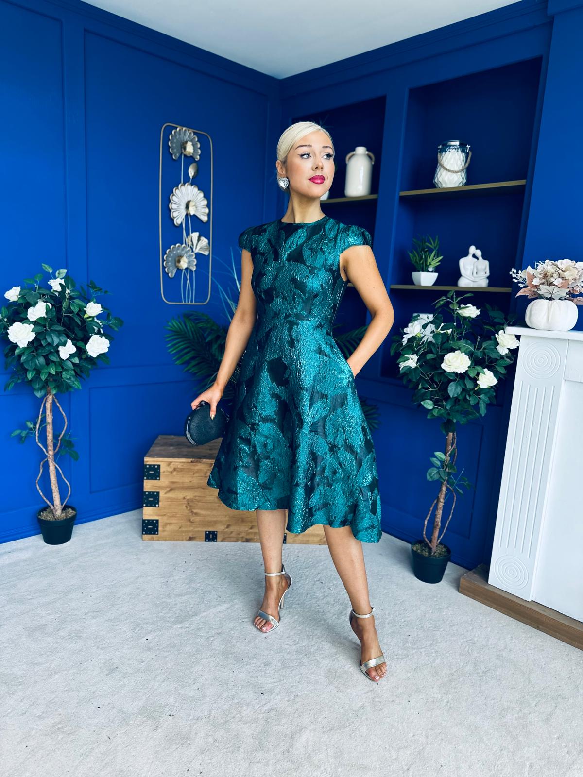 Lara Floral Jacquard High Neck Midi Dress Green Pre Order 1 Oct