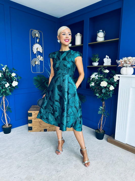 Lara Floral Jacquard High Neck Midi Dress Green Pre Order 1 Oct