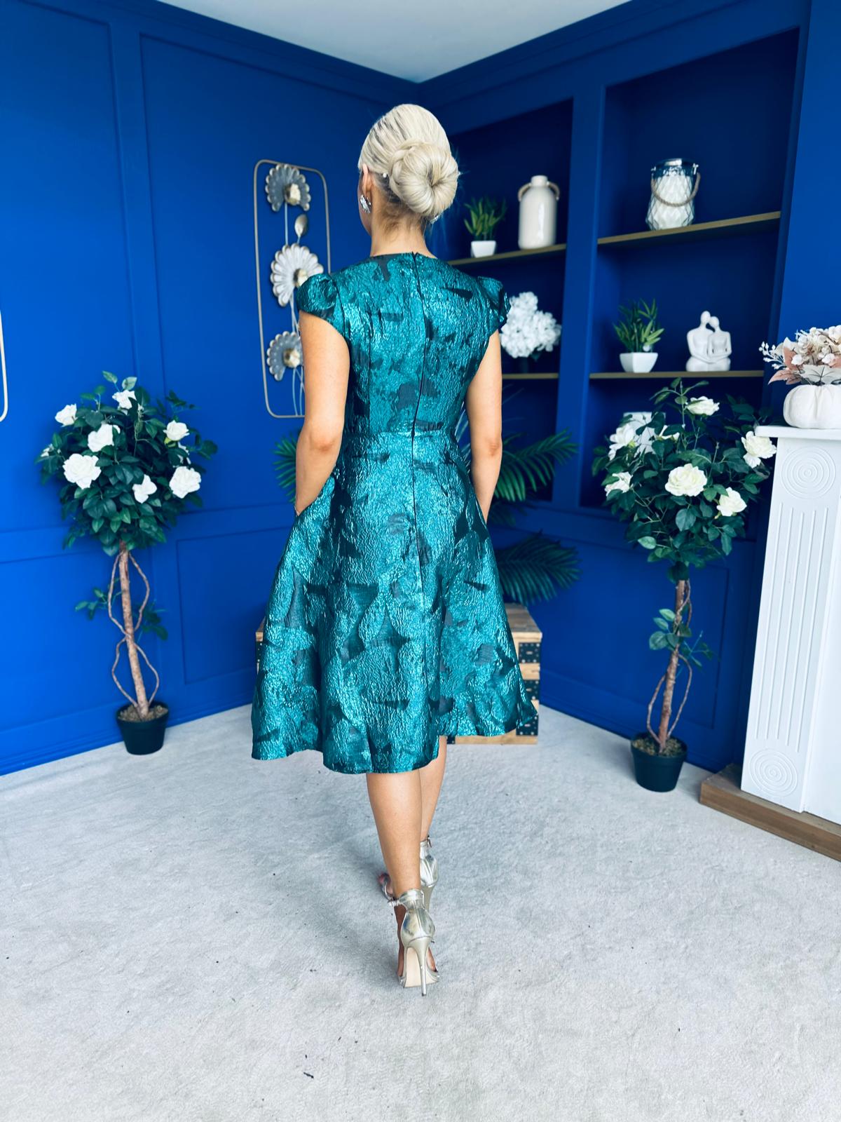 Lara Floral Jacquard High Neck Midi Dress Green Pre Order 1 Oct