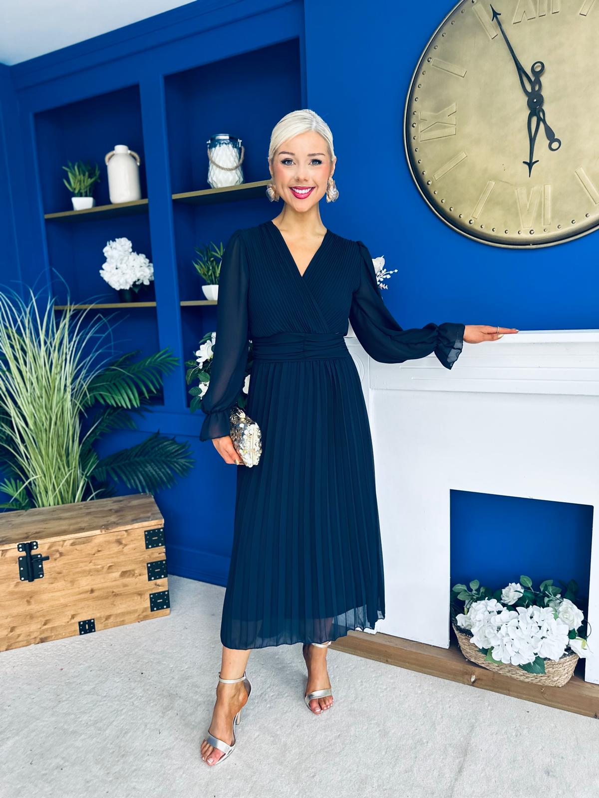 Kendall Pleated Midi Dress Navy