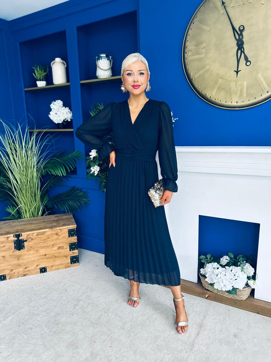 Kendall Pleated Midi Dress Navy