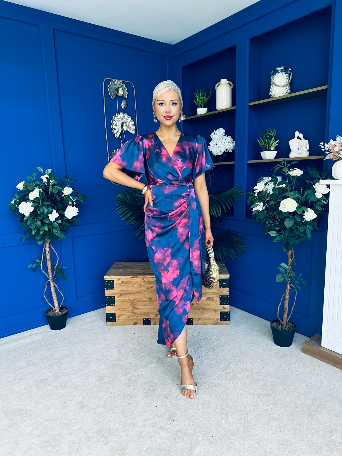Drew Puff Sleeve Midi Dress Marble Navy