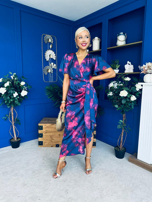 Drew Puff Sleeve Midi Dress Marble Navy