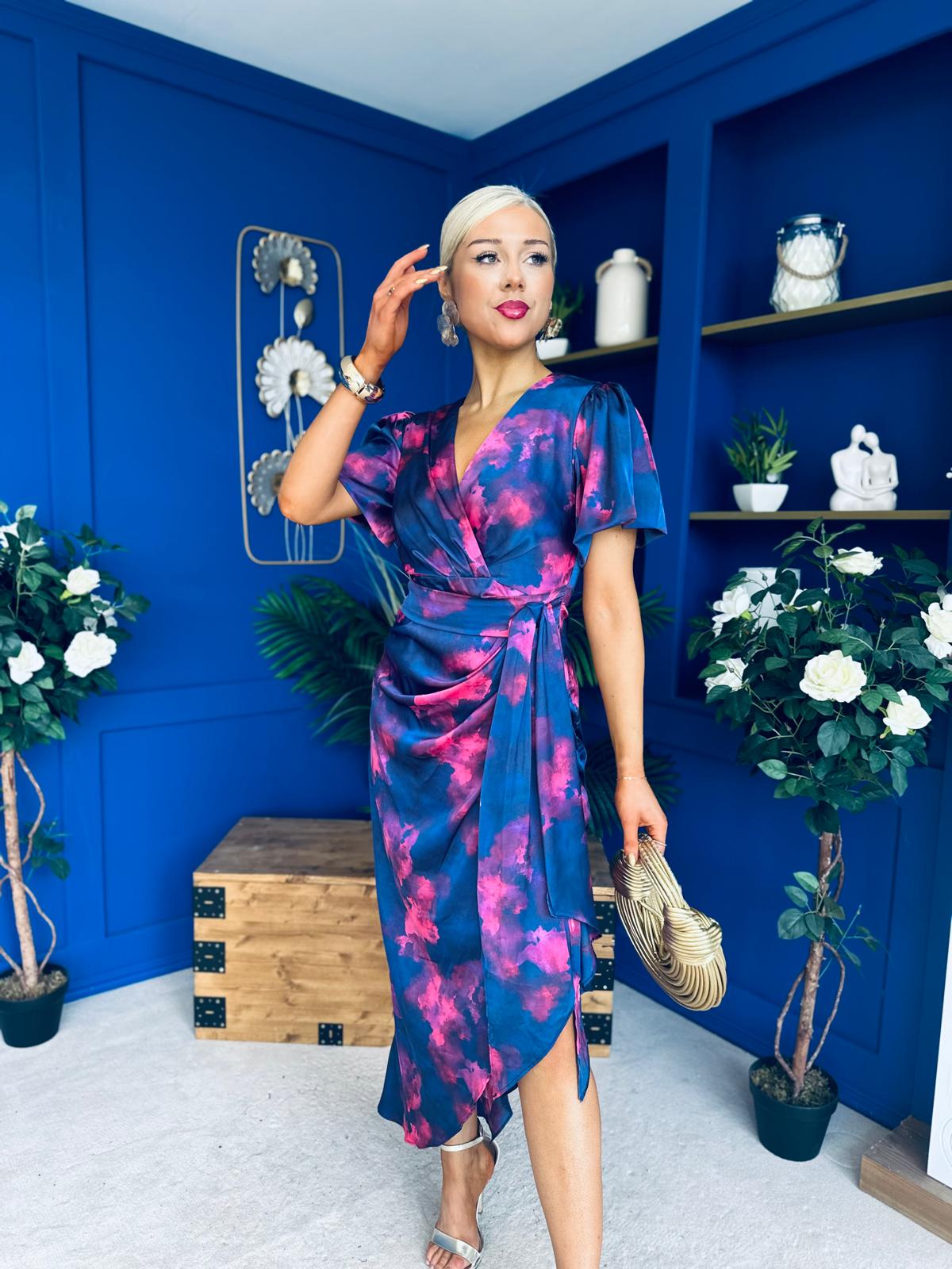 Drew Puff Sleeve Midi Dress Marble Navy