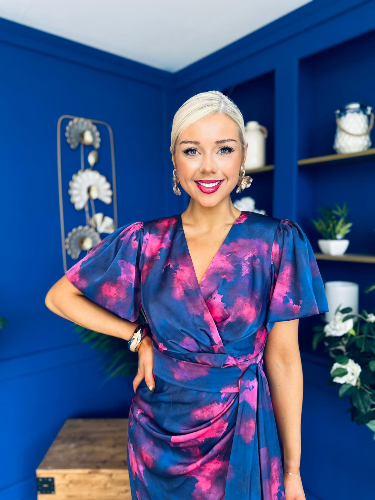 Drew Puff Sleeve Midi Dress Marble Navy
