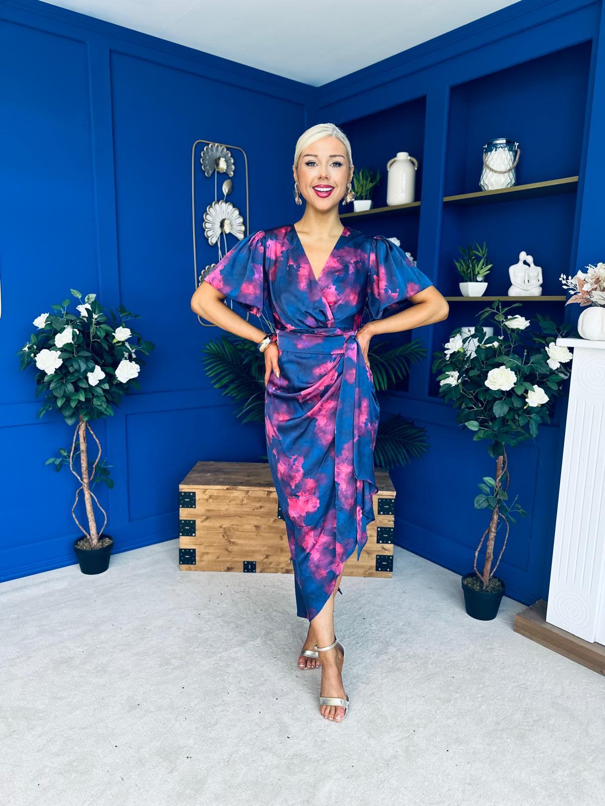 Drew Puff Sleeve Midi Dress Marble Navy