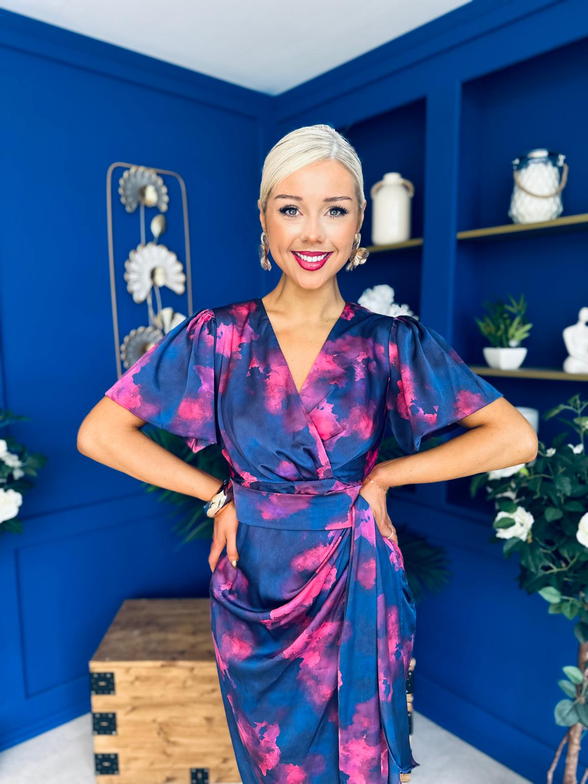 Drew Puff Sleeve Midi Dress Marble Navy