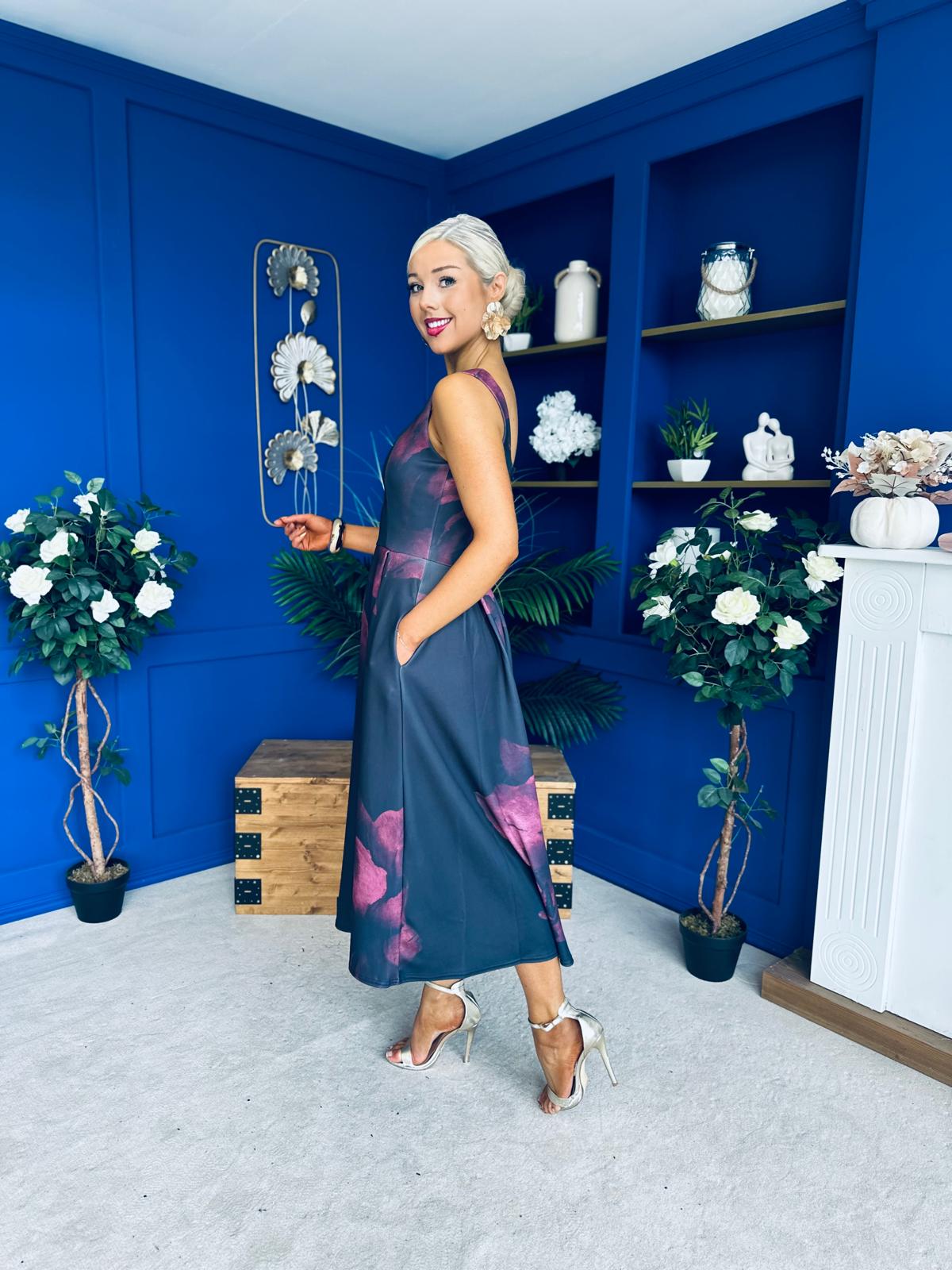 Erica Square Neck Midi Dress Wine Floral