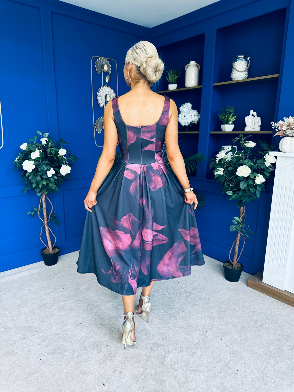 Erica Square Neck Midi Dress Wine Floral