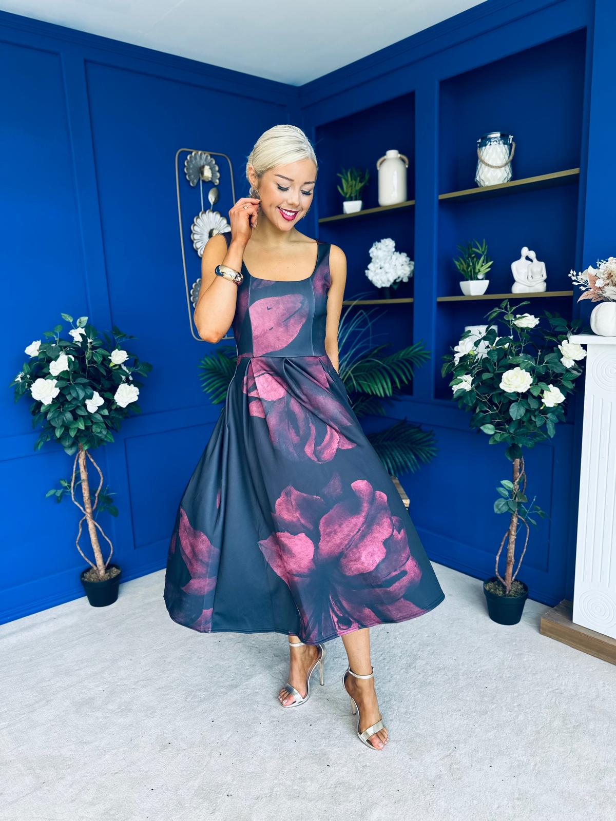 Erica Square Neck Midi Dress Wine Floral