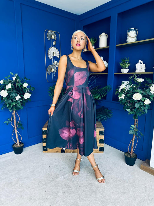 Erica Square Neck Midi Dress Wine Floral